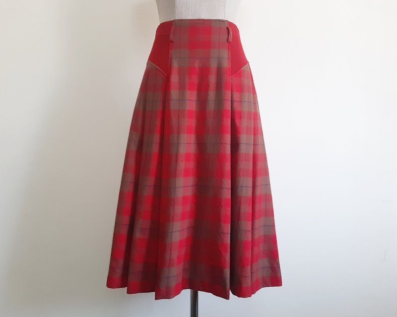 XS Small Vintage Brown Red Plaid Skirt Womens Pleated Midi Skirt Wool Skirt - 裙子/長裙 - 其他材質 紅色
