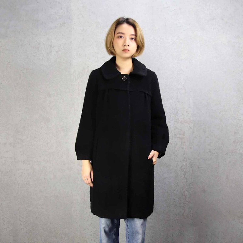 Tsubasa.Y Ancient House A14 vintage wool embossed coat, wool long coat - เสื้อแจ็คเก็ต - ขนแกะ สีดำ