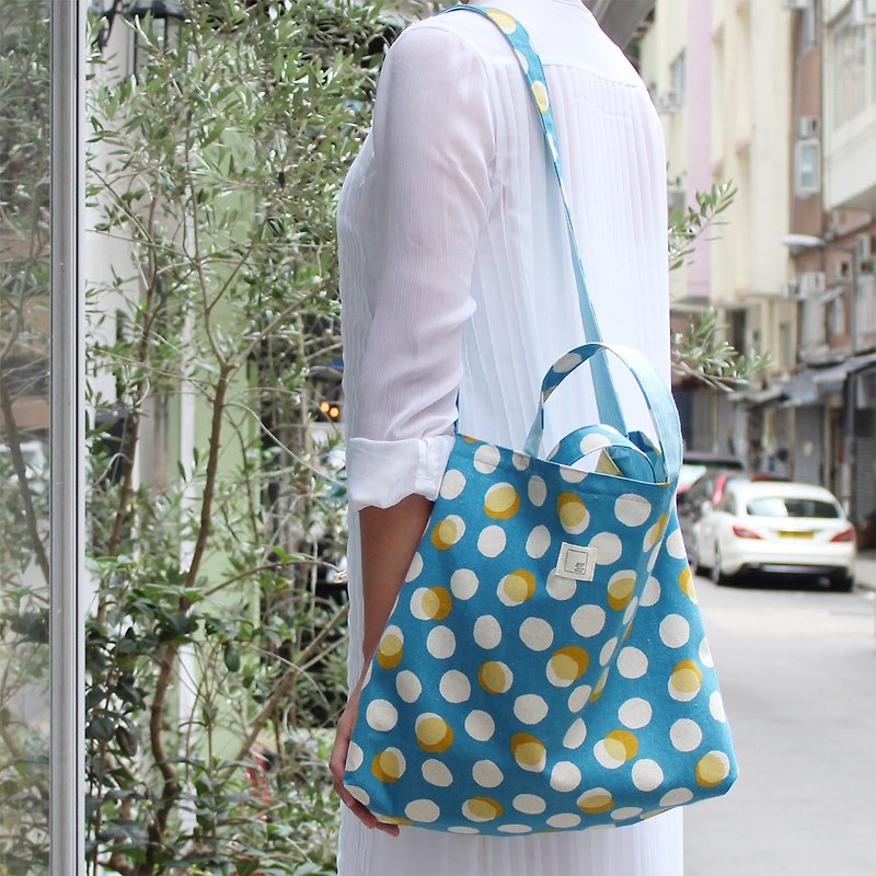 2x2BAG double-sided dual-use cloth | color blue dot polka dot cotton + cotton blue and white cotton line - Messenger Bags & Sling Bags - Cotton & Hemp Blue