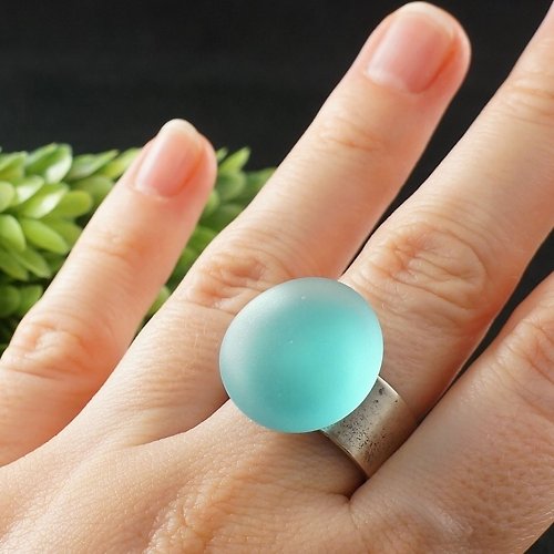 AGATIX Light Blue Sea Glass Adjustable Ring Large Round Marine Statement Ring Jewelry