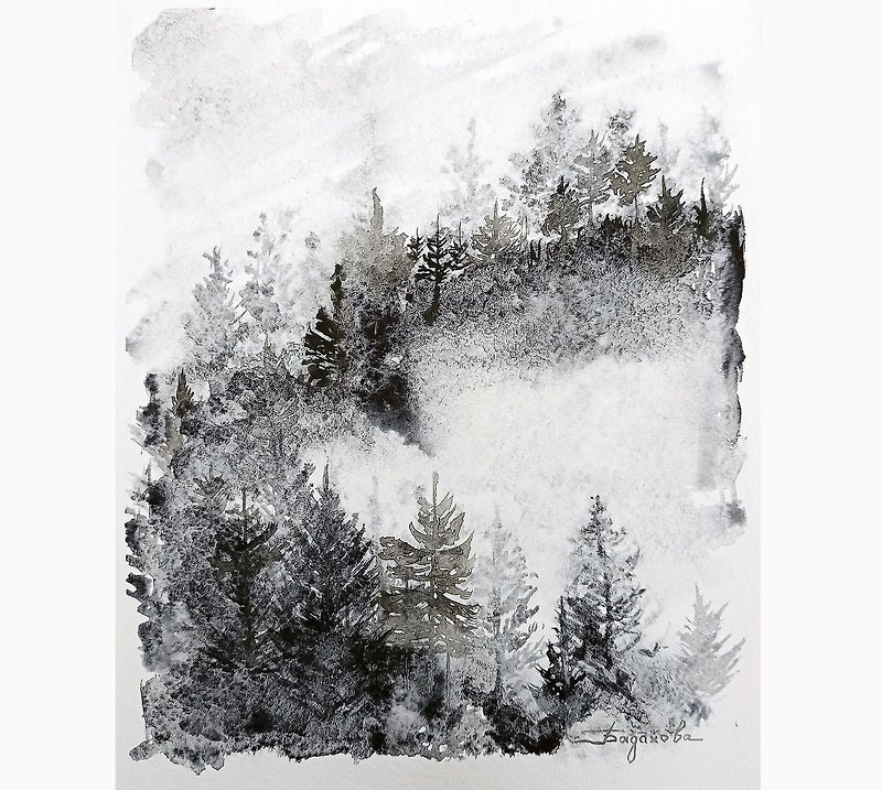 Foggy Forest Watercolor Original Painting Forest Art Foggy Watercolor Artwork - 掛牆畫/海報 - 紙 黑色