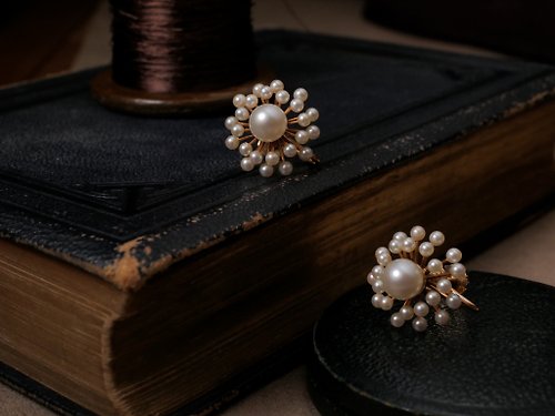 鑲珹古董珠寶 1940-1960s 美國 14k金珍珠雪花螺旋夾式耳環