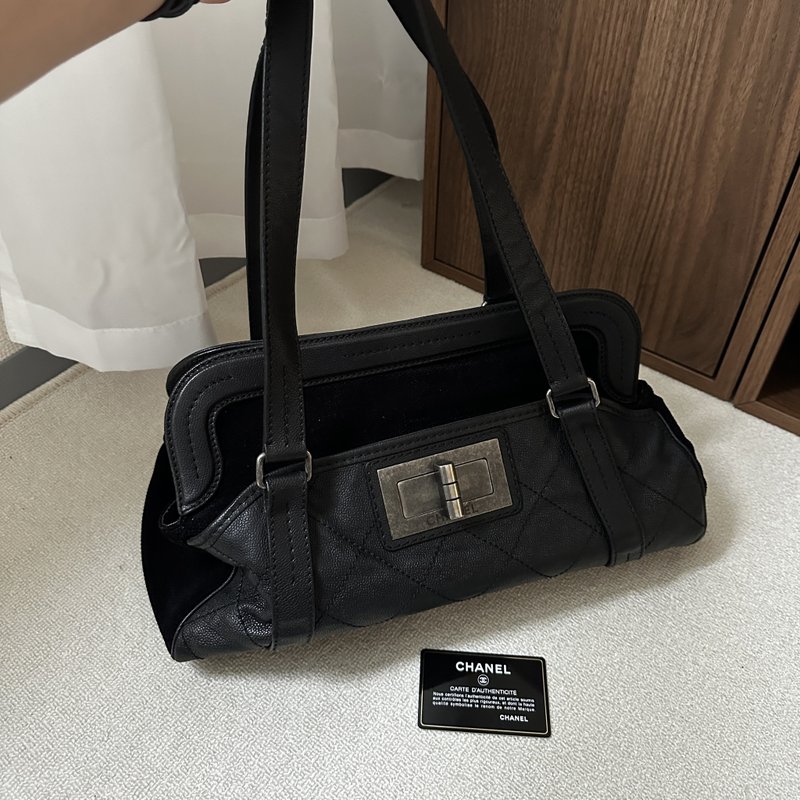 CHANEL 香奈兒 2.55 黑色 小牛皮 × 燈芯絨 肩背包 - 側背包/斜背包 - 真皮 黑色