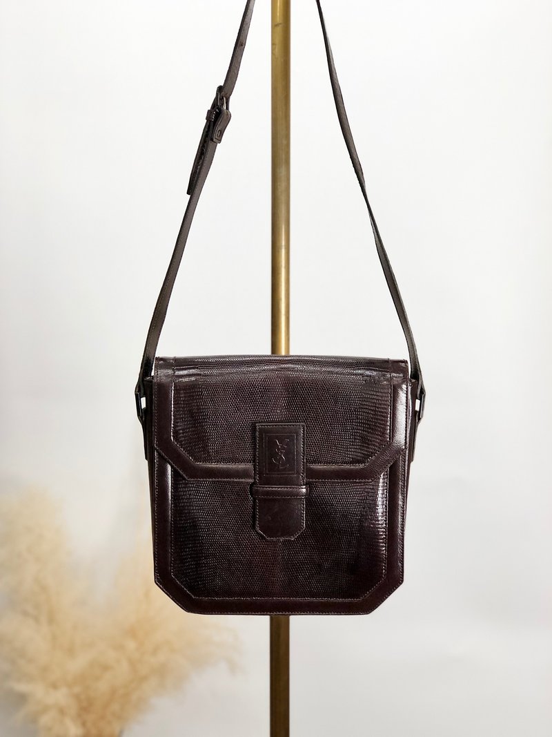 【 日本直送　名牌中古包 】Yves Saint Laurent イヴ・サンローラン ショルダーバッグ ダークブラウン YSL リザード型押し 2cwkr2 - 側背包/斜背包 - 真皮 咖啡色
