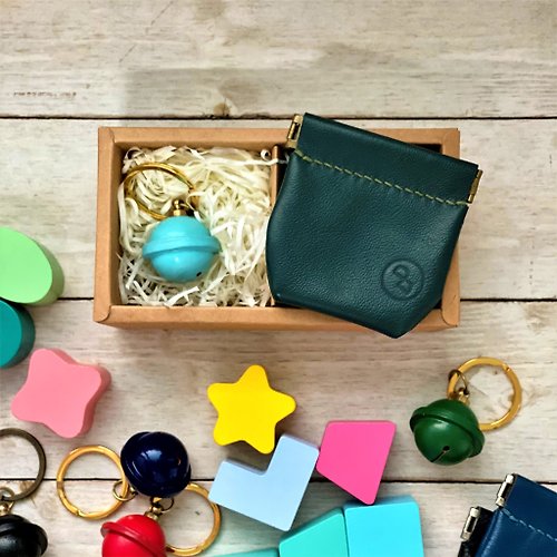 DUAL多兒創意皮件 聖誕禮盒組 - 皮革鈴鐺鑰匙圈+彈口零錢包 (聖誕禮物 交換禮物)
