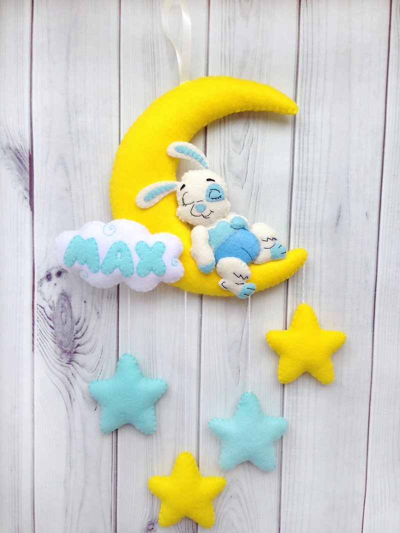 個性化兔子名字吊墜 男嬰定制月亮 嬰兒床托兒所裝飾牆 嬰兒禮物 - 壁貼/牆壁裝飾 - 環保材質 藍色