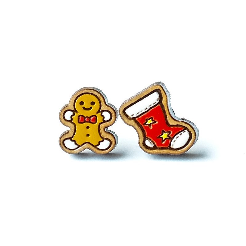 Painted wood earrings-Gingerbread Men&Christmas socks - ต่างหู - ไม้ สีแดง