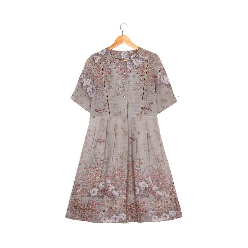 Egg plant vintage fog color landscape printing short-sleeved vintage dress - One Piece Dresses - Polyester Khaki