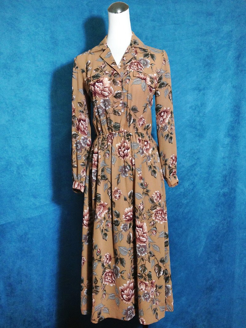 When vintage [antique dress / elegant antique flowers chiffon long dress] abroad back to vintage long dress VINTAGE - ชุดเดรส - เส้นใยสังเคราะห์ สีนำ้ตาล