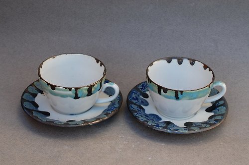 PorcelainShoppe Cups and saucers Porcelain Tea Coffee Set Drip glaze Blue Crystalline Glazed La