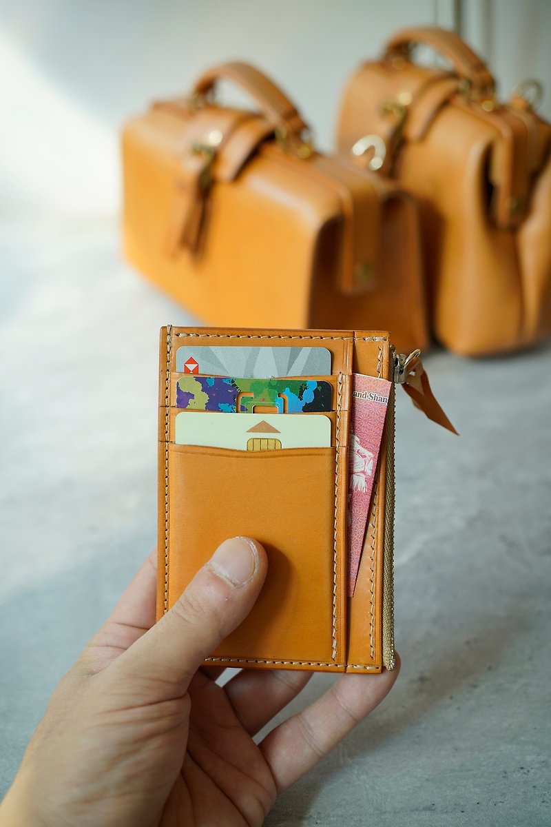 MOOS 簡約拉鍊卡包 - 長短皮夾/錢包 - 真皮 橘色