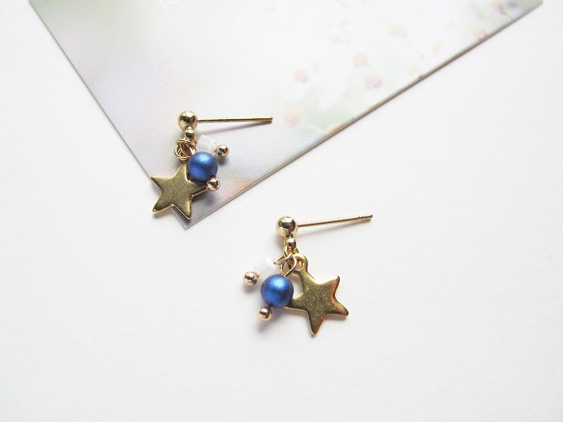 Rosy Garden le petit prince dark blue pearl with little star earrings - Earrings & Clip-ons - Other Materials Blue