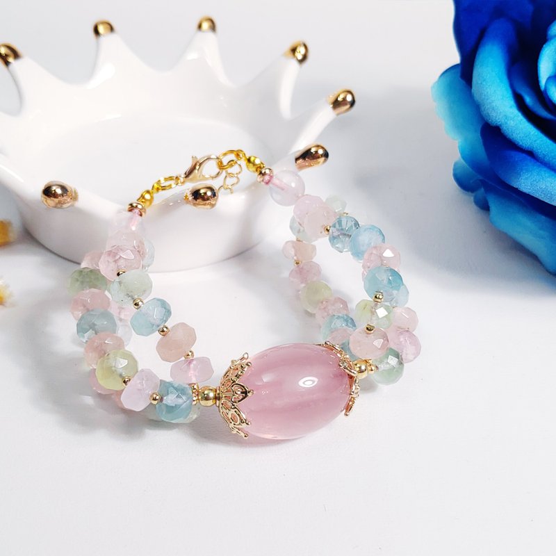 Starlight Rose Quartz Beryl Stone Aquamarine Flower Bud Shape Bracelet Rainbow Single Item Gift - สร้อยข้อมือ - เครื่องเพชรพลอย หลากหลายสี