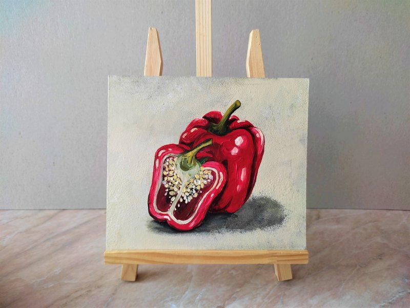 Red pepper painting, Vegetable food original painting kitchen wall art decor - ตกแต่งผนัง - อะคริลิค หลากหลายสี