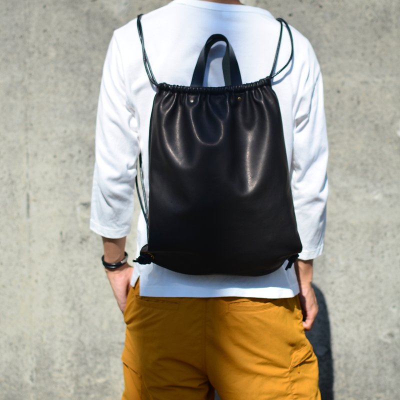 Adult knapsack rucksack made of soft black sheep leather Works with any outfit Simple outfit that fits A4 size - Drawstring Bags - Genuine Leather Black