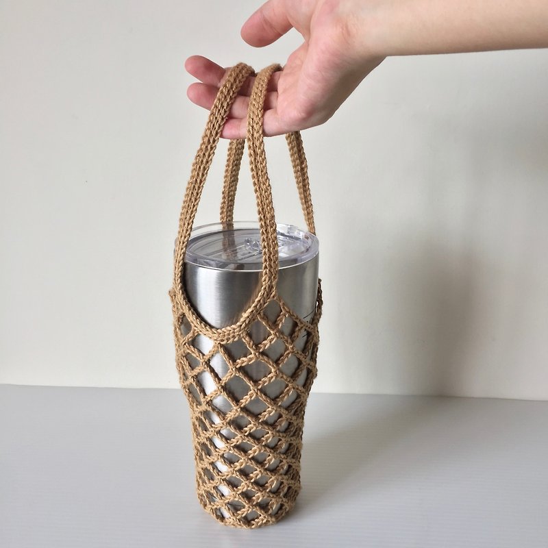 Xiao fabric ice tyrant cup Mason cup ramie line hand-woven double ear bag - Beverage Holders & Bags - Cotton & Hemp Multicolor