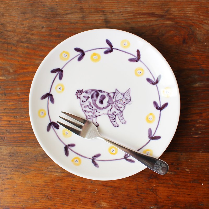 經典虎斑貓和黃色花 15.5cm皿 - 盤子/餐盤 - 陶 黃色