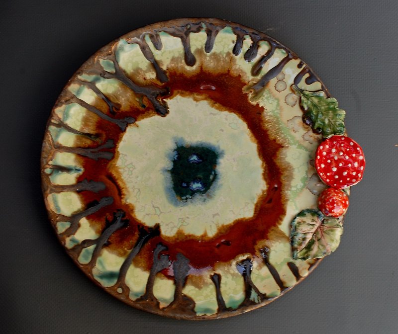 ceramic plate Mushrooms figurine Fruit Vegetables bowl Handmade - จานและถาด - ดินเผา หลากหลายสี