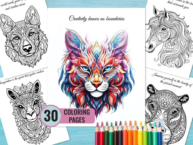 Animal Mandala Coloring Book, 30 Inspiring Printable Pages for Adult and Kids - 電子似顏繪/繪畫/插畫 - 其他材質 