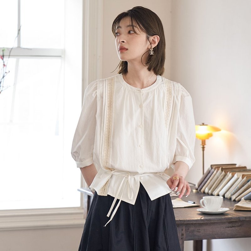 French Country Tie Puff Sleeve Shirt|Shirt|Spring/Summer|Sora-1167 - Women's Shirts - Cotton & Hemp 