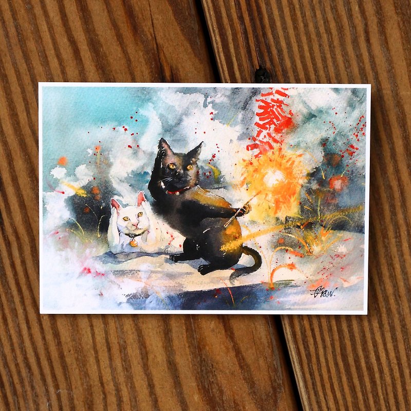 Watercolor painted hair series postcards - black and white meow Jun burst to hi - การ์ด/โปสการ์ด - กระดาษ สีแดง
