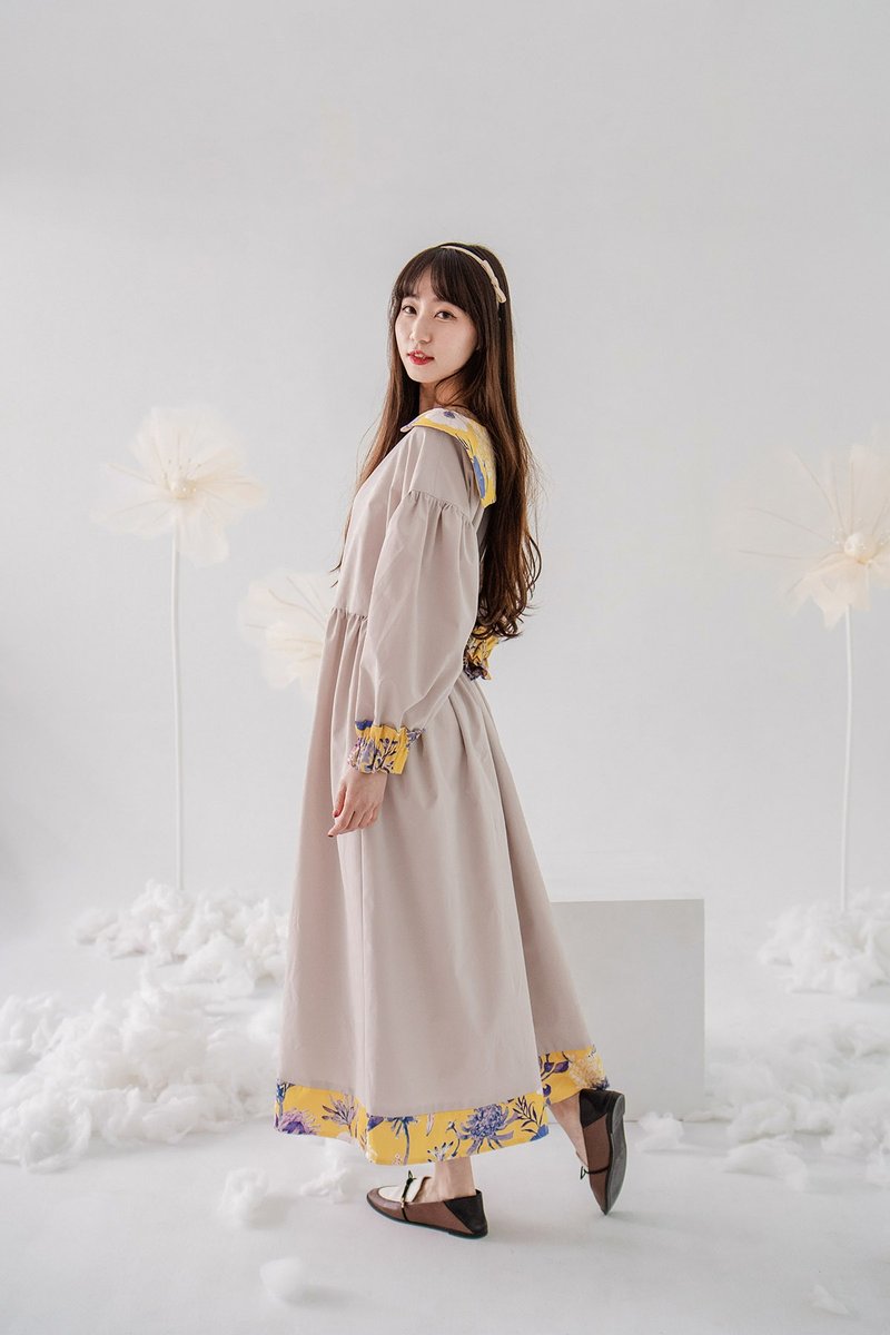 【波麗印花】來杯奶茶 日雜水手服 花花領片 森林少女洋裝 皇后黃 - 洋裝/連身裙 - 棉．麻 卡其色