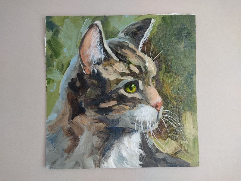 Cat painting cat artwork original oil art pet portrate - โปสเตอร์ - วัสดุอื่นๆ สีเทา