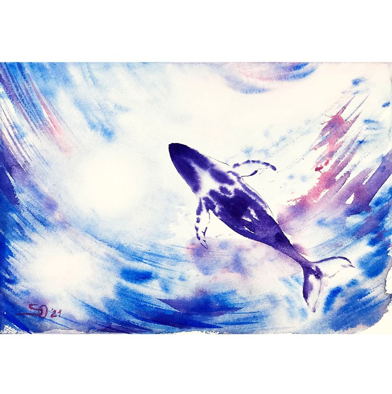 Whale Painting Ocean Original Art Hawaii Wall Art Blue Whale Artwork Watercolor