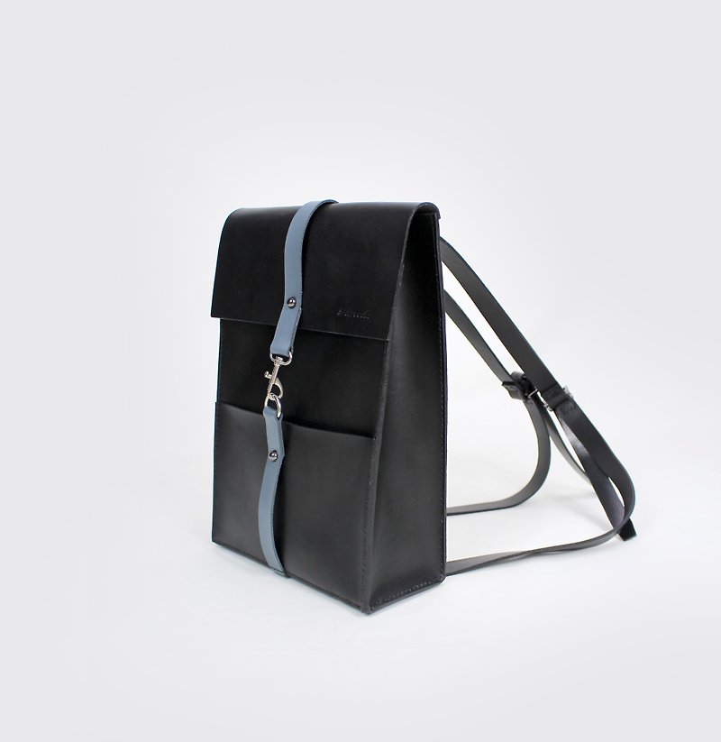 Tanela brand leather back pack in black color with grey leather strap - กระเป๋าเป้สะพายหลัง - หนังแท้ สีดำ