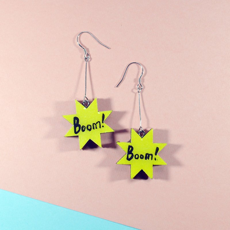 Yellow Explosion Boom Hand-painted Long Personality Earrings Ear Clips Hand-painted Wooden - ต่างหู - ไม้ สีเหลือง