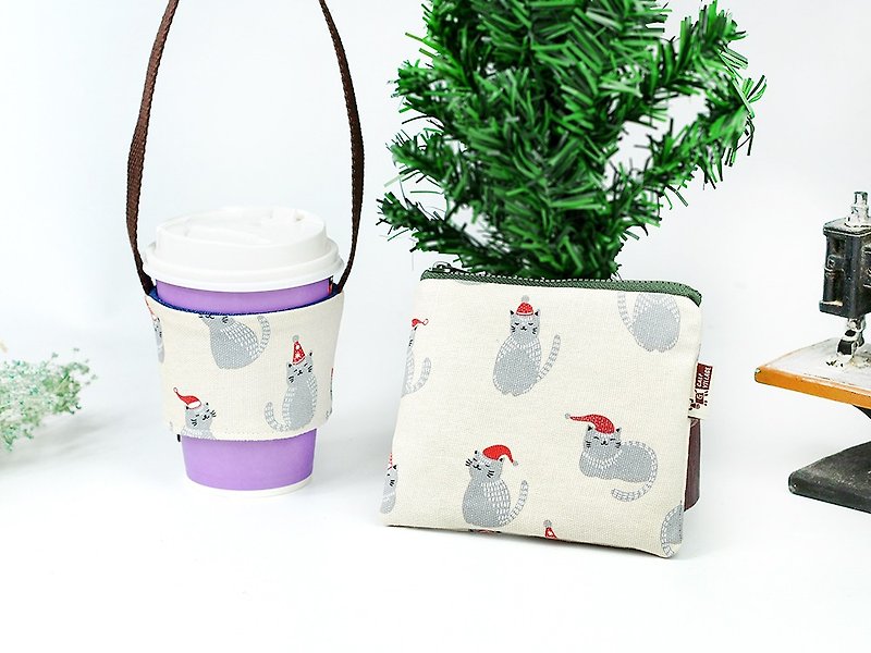 小牛村 環保飲料袋 零錢包 聖誕節禮物【小資聖誕禮-紅帽小灰貓】 - 杯袋/飲料提袋 - 棉．麻 白色