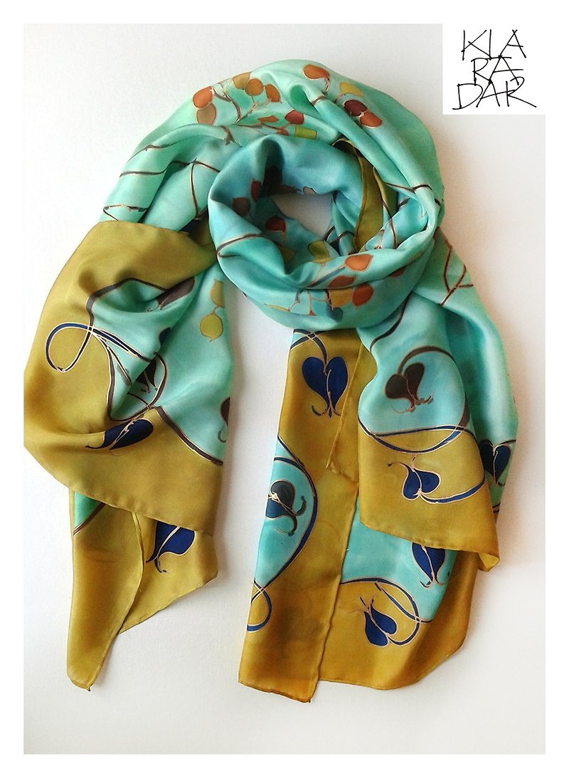 Hand painted silk shawl in Art Deco style in Aqua green and Tobacco - Scarves - Silk Green