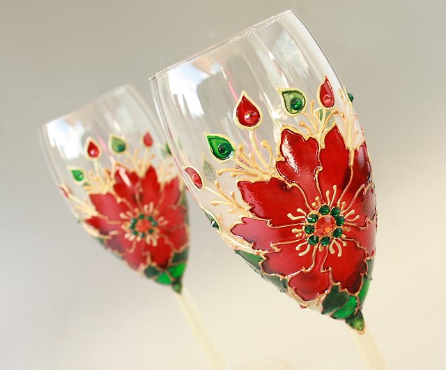 Poinsettia Flower Painted Wine Glass