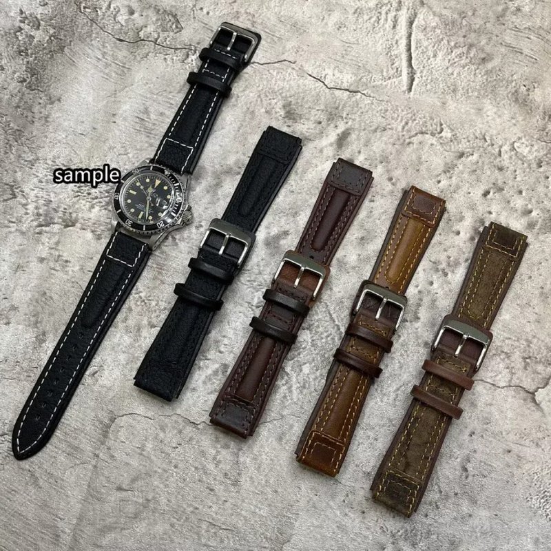 Timeless thick cow leather air force style men's genuine leather watch strap retro brown 20/22MM - Watchbands - Genuine Leather Green