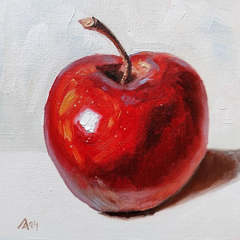 Red apple painting original oil art still life 15 by 15 cm fruit artwork - Posters - Other Materials Red