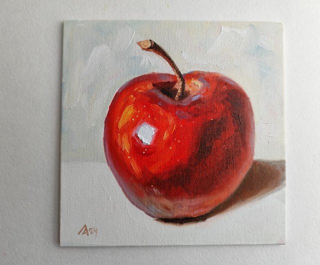 赤いリンゴの絵オリジナル オイル アート静物画 15 x 15 cm