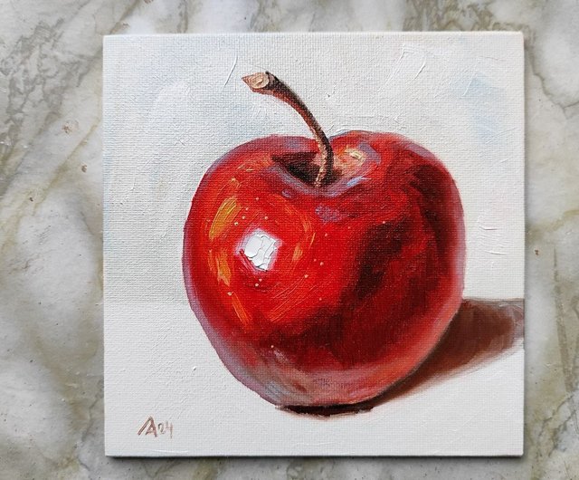 赤いリンゴの絵オリジナル オイル アート静物画 15 x 15 cm