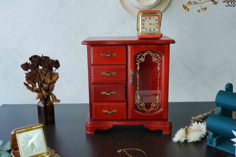 日本雜貨古道具-昭和原木四層抽屜單開門收納木櫃音樂珠寶盒 - 居家收納/收納盒/儲物盒 - 木頭 紅色