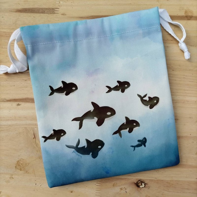 柄巾着バッグ「アクション満載のクジラの家族」 - ポーチ - コットン・麻 多色