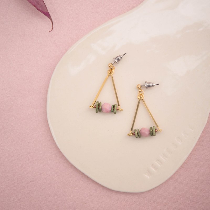 Dusty Rose and Green Triangle Earrings - Earrings & Clip-ons - Other Metals Pink