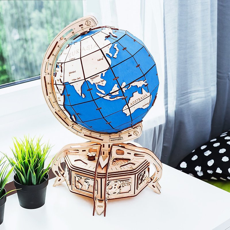 Hand-made power model globe blue wooden combination movable ornament - ของวางตกแต่ง - ไม้ สีกากี
