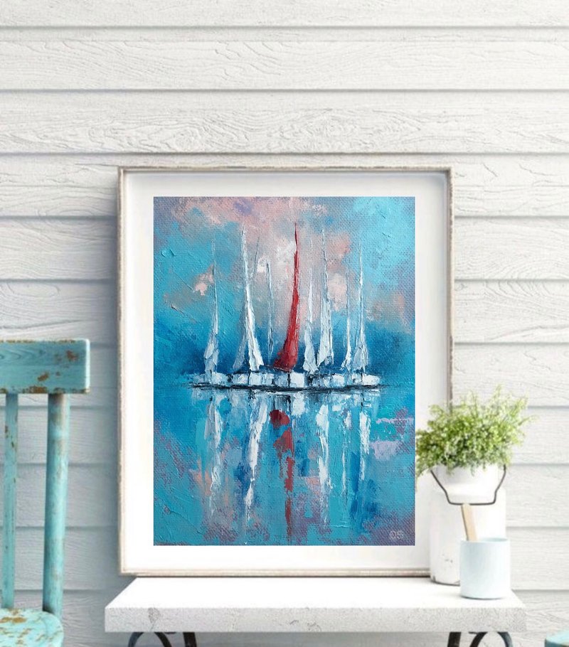 Original Sailboats Landscape Oil Painting On Canvas Blue Artwork impasto Art - 壁貼/牆壁裝飾 - 棉．麻 多色