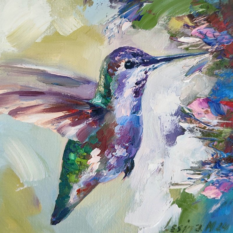 Hummingbird Oil Painting Bird Small Art Bird Artwork Flower Painting Bird Art - ตกแต่งผนัง - วัสดุอื่นๆ สีน้ำเงิน