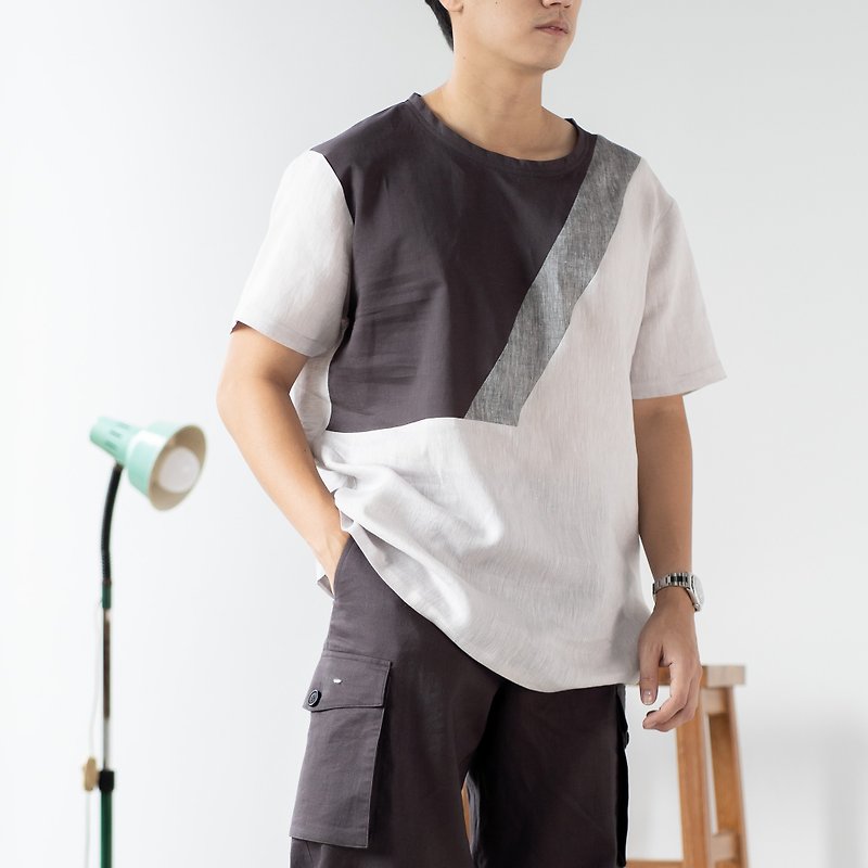 Blue & J Natural Linen Crew Neck Shirt Three Colors Block- Grey/Taupe/Silver - Men's Shirts - Linen Gray