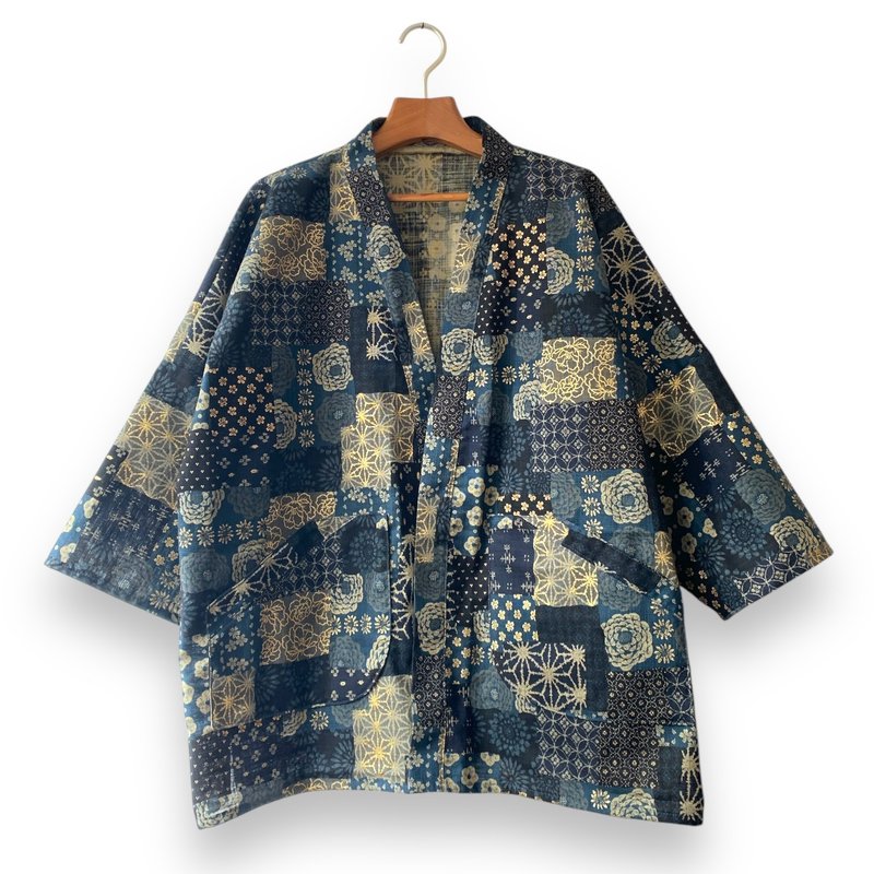 Kimono Style Outer With Three Quarter Sleeves - Cotton - Men's Coats & Jackets - Cotton & Hemp Blue