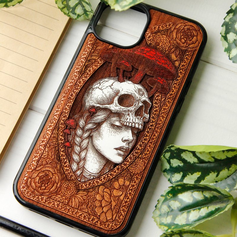 Skin to Bone -  Phone case wood laser engraved + hand painting - 手機殼/手機套 - 木頭 咖啡色