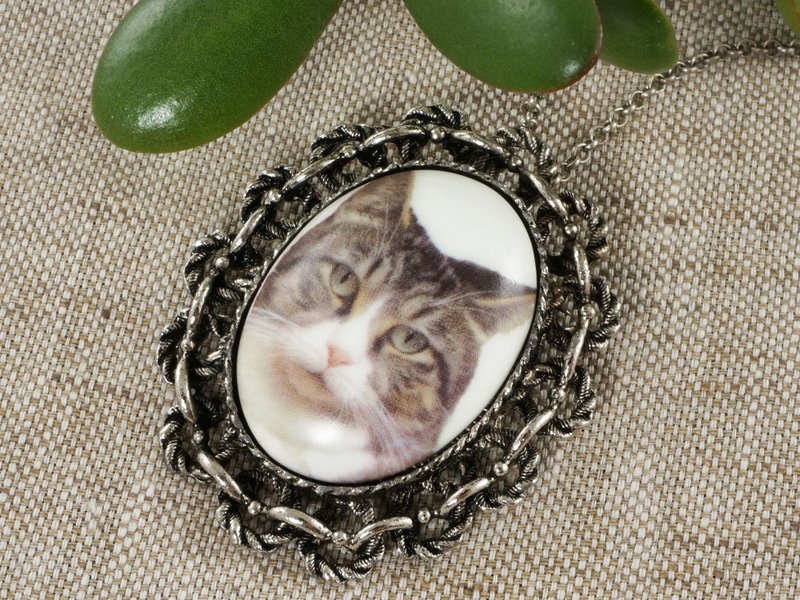 Gray Cat Porcelain Cameo Pendant and Brooch Pin Transformer Necklace Cat Jewelry - 胸針 - 瓷 灰色