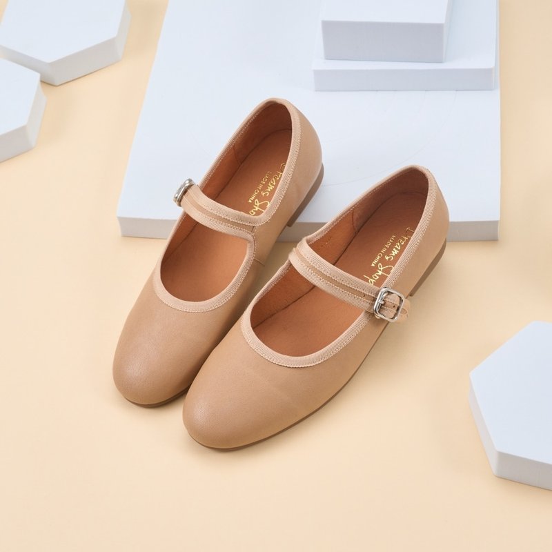 Mary Jane_Simple buckle flat doll shoes apricot - รองเท้าบัลเลต์ - หนังแท้ สีกากี