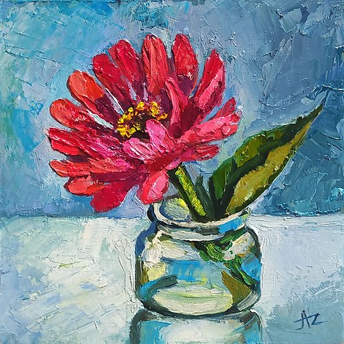AZA-Art Zinnia Painting Original Art Floral Oil Red Flower Still Life with Zinnia
