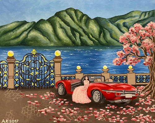 Anastasia Art - 独特的工艺 Day on Lake Como, original oil painting, oil on canvas, Jaguar E-type, Italy